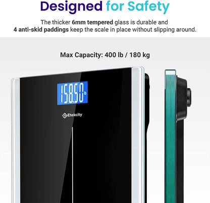 Bathroom Scale for Body Weight, Highly Accurate Digital Electronic Weighing Machine for People, LCD Display, Large Size, 6Mm Tempered Glass for Safe Home Use, Batteries Included, 400 Lbs